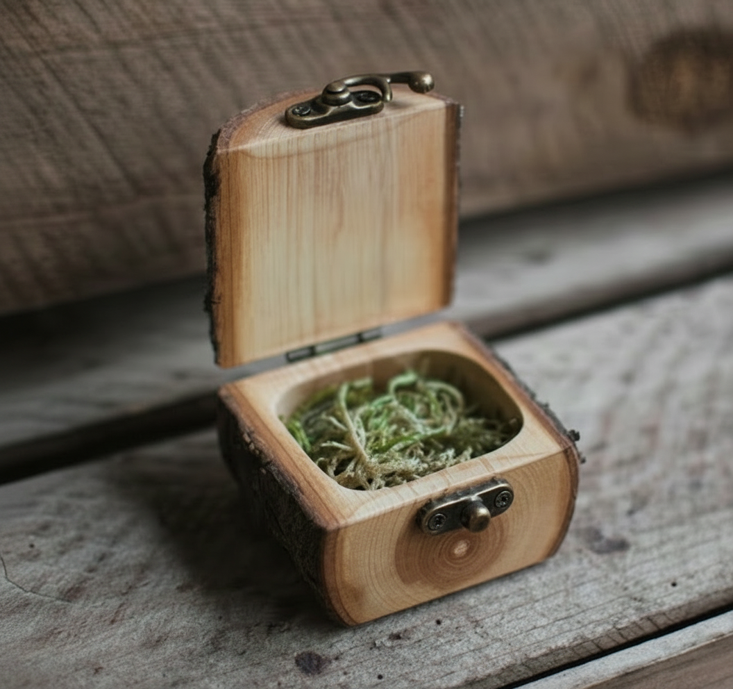 Handcrafted wooden ring box with moss interior and brass clasp